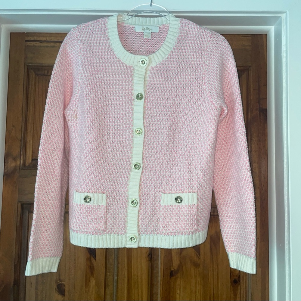 Lilly Pulitzer Cavan Cardigan Woven Knit Red Pink Gold Buttons Pockets Size M - Picture 5 of 11
